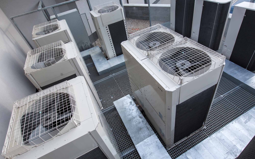 Air conditioning units atop a modern building