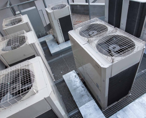 Air conditioning units atop a modern building